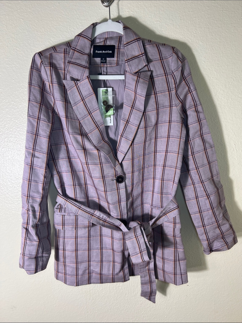 Frank & Oak Lavender Plaid Belted Blazer XSP